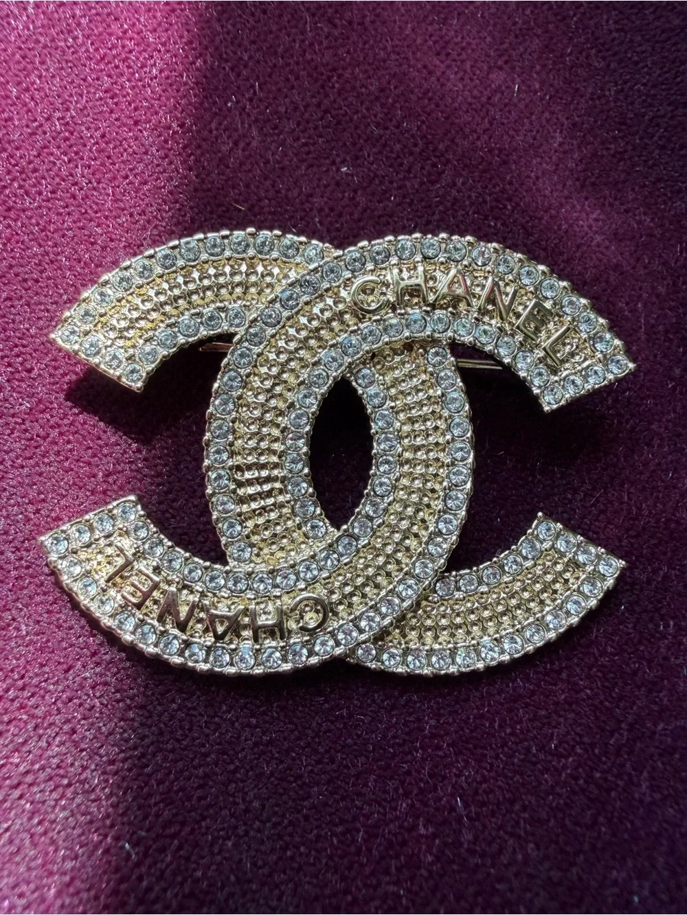 CHANEL Gold Crystal Double C Brooch